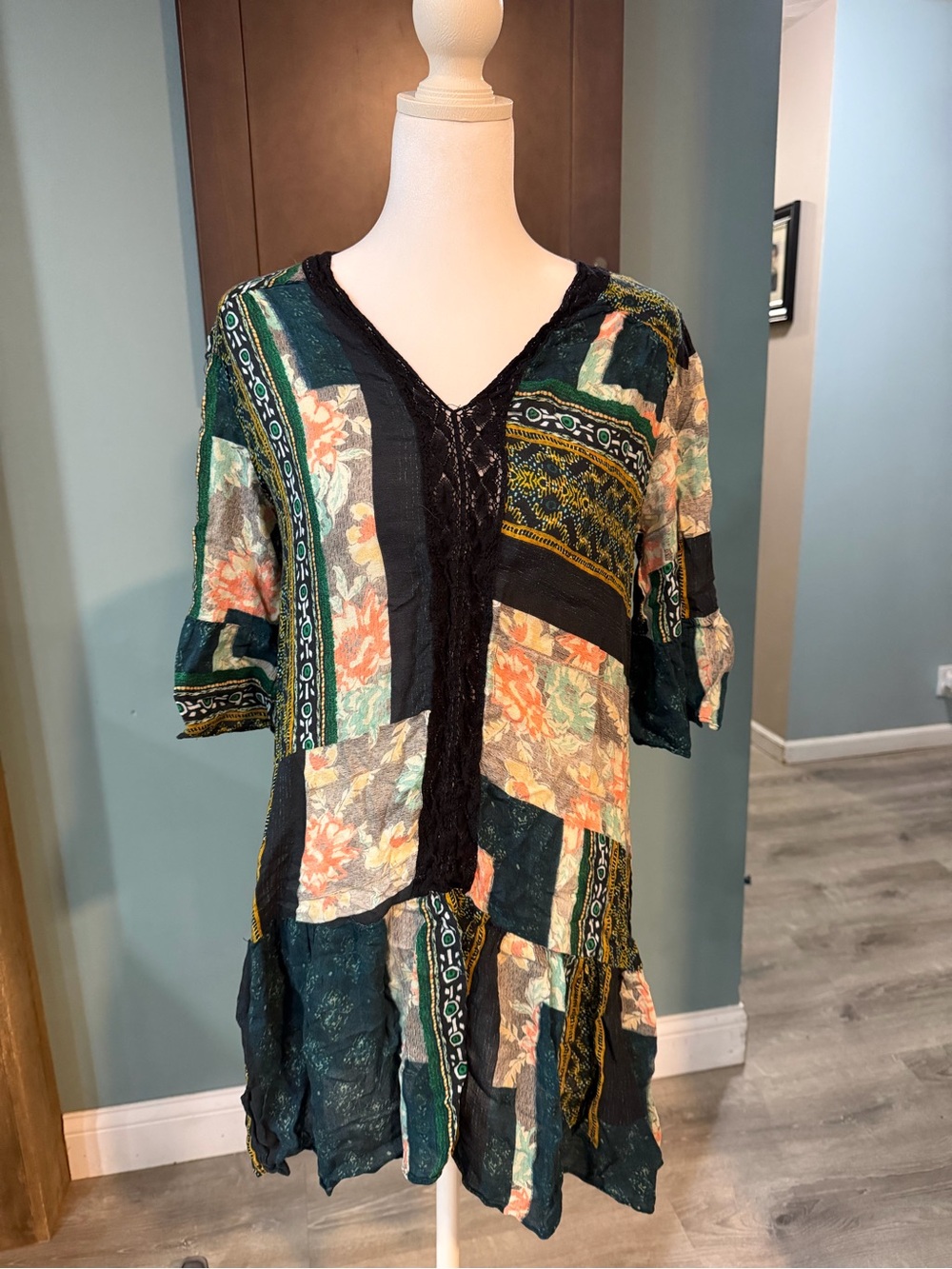 Maeve Patchwork V-Neck Tunic in Green, Black, Peach